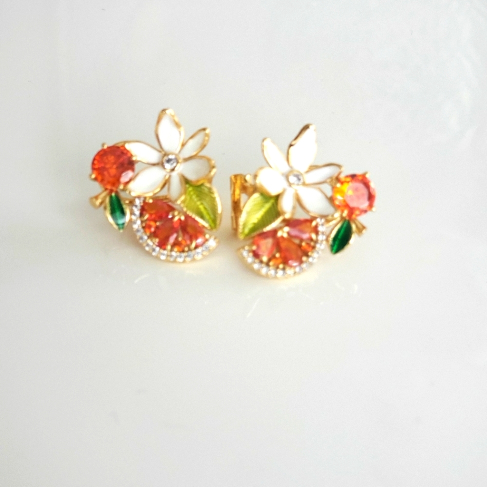 Floral Gold and Orange Earrings